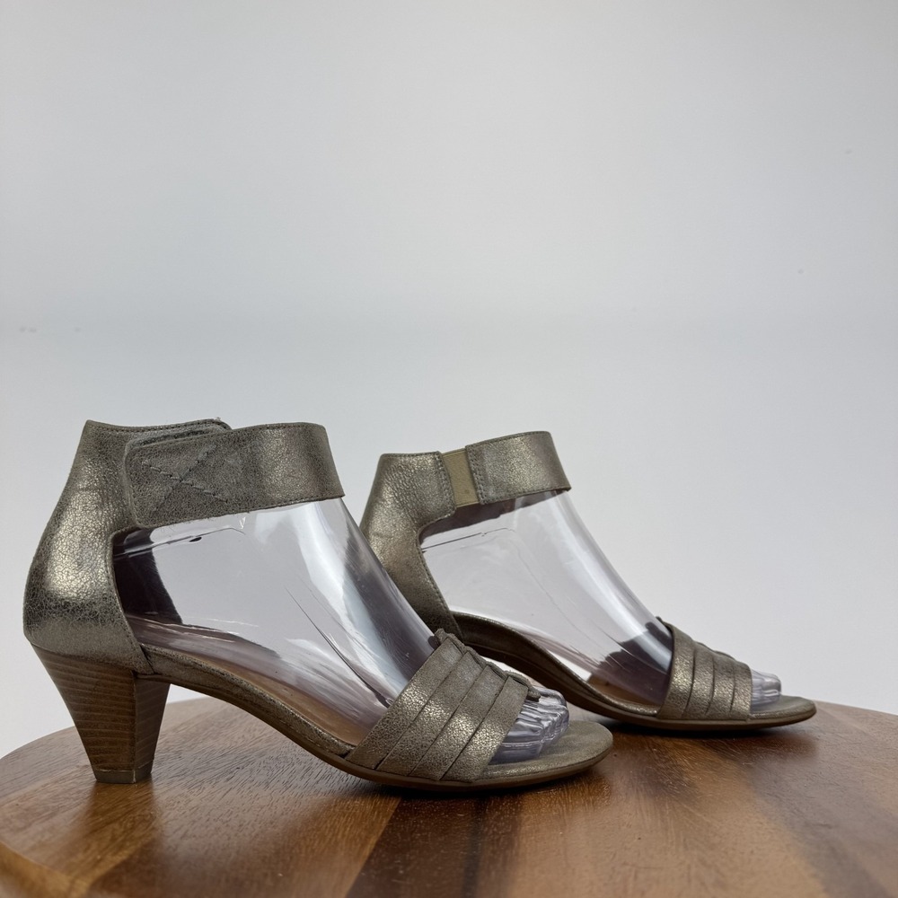 Womens Paul Green Coco Metallic Taupe Leather Ankle Strap Heeled Sandals Size 7‎